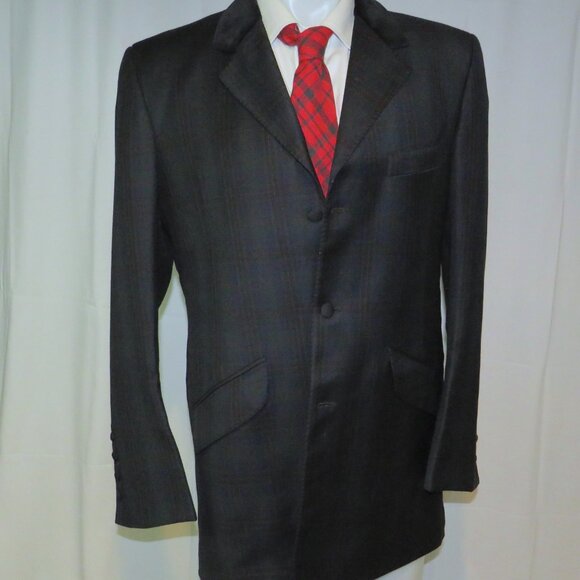 William Hunt Green Tartan Plaid Velvet Collar Three Button Long Riding Jacket L - Picture 7 of 14